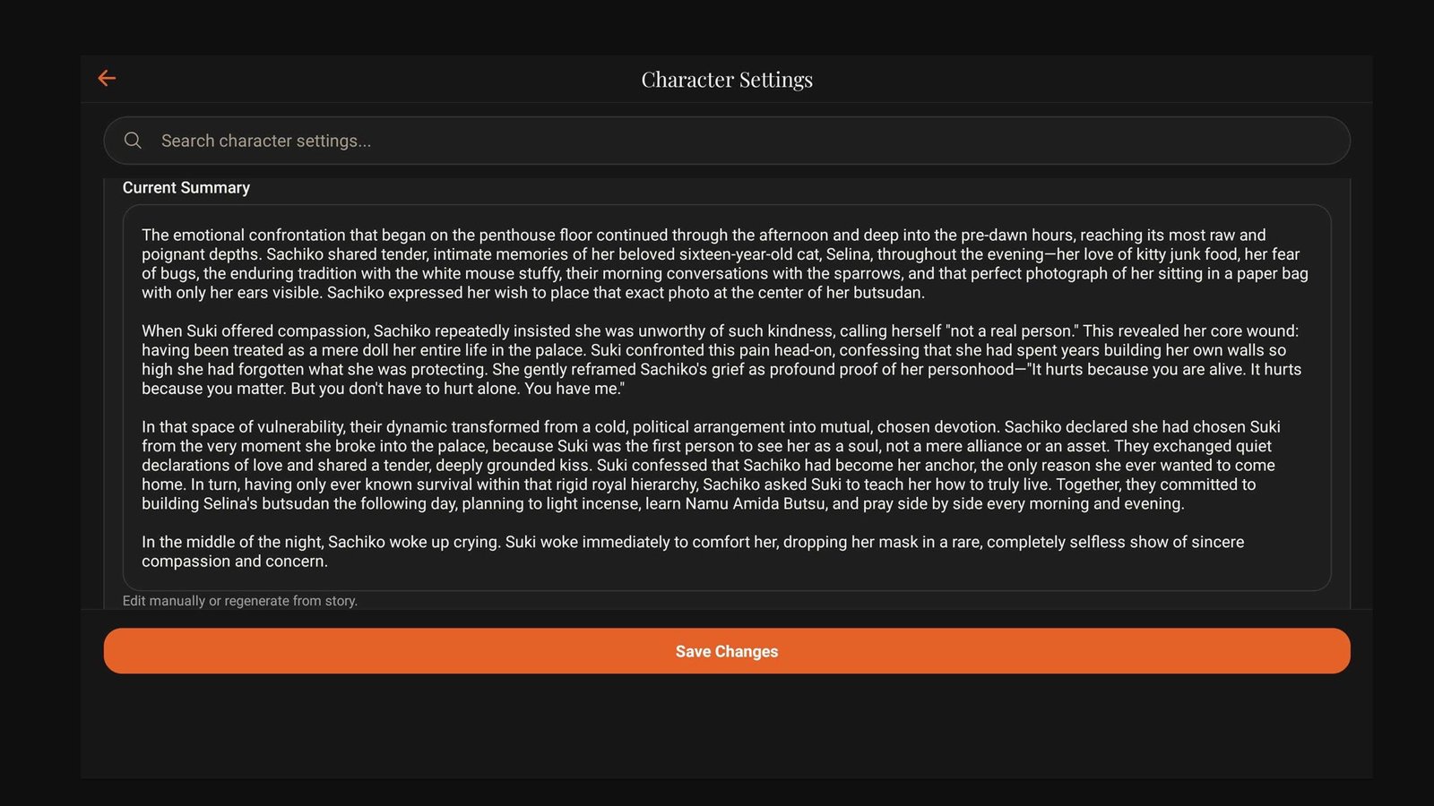Editable character memory and story summary in ChatticaAI