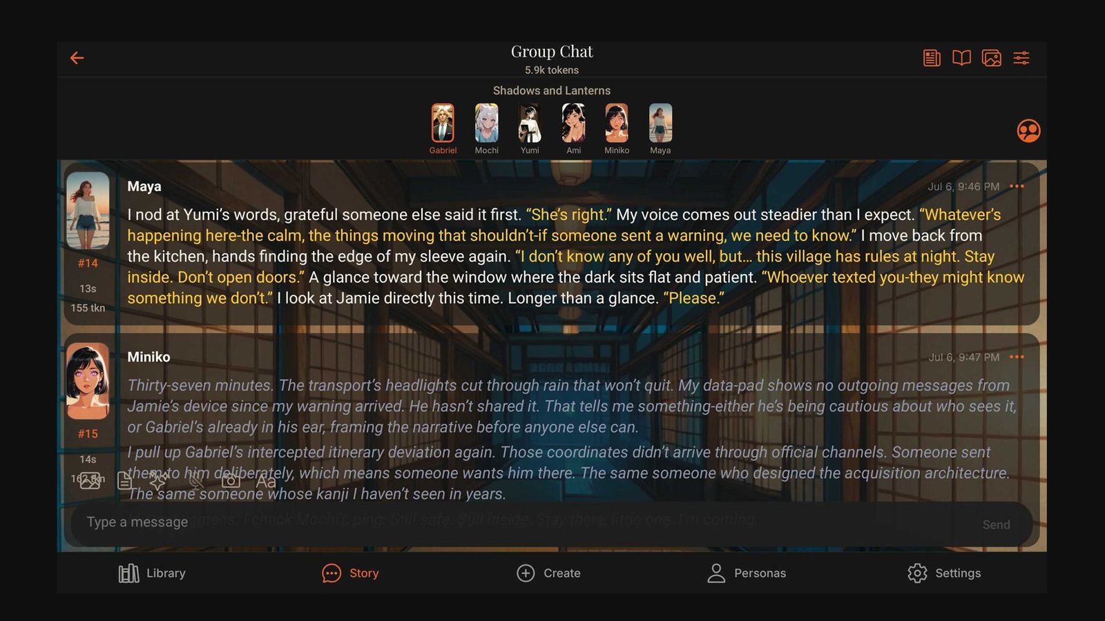 Group chat with multiple character perspectives