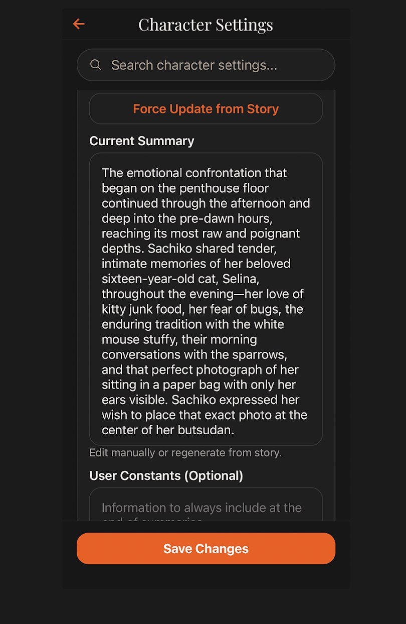 ChatticaAI character memory and story summary controls